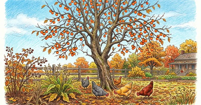 A mature American persimmon tree loaded with ripe orange fruit in a US homestead food forest in late October