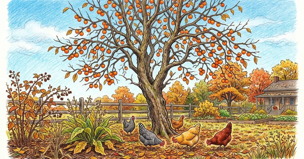 A mature American persimmon tree loaded with ripe orange fruit in a US homestead food forest in late October