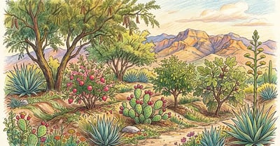 Pencil crayon illustration of a mature desert food forest in the US Sonoran Desert