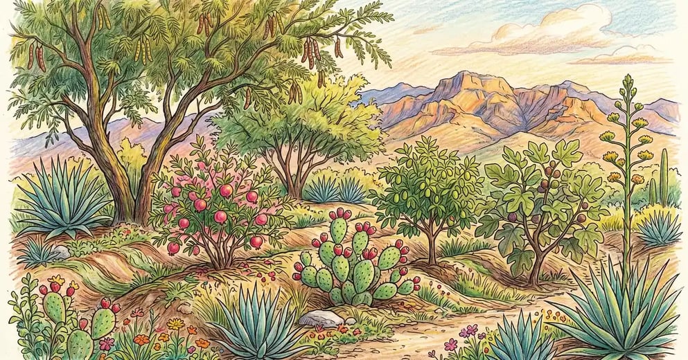 Pencil crayon illustration of a mature desert food forest in the US Sonoran Desert