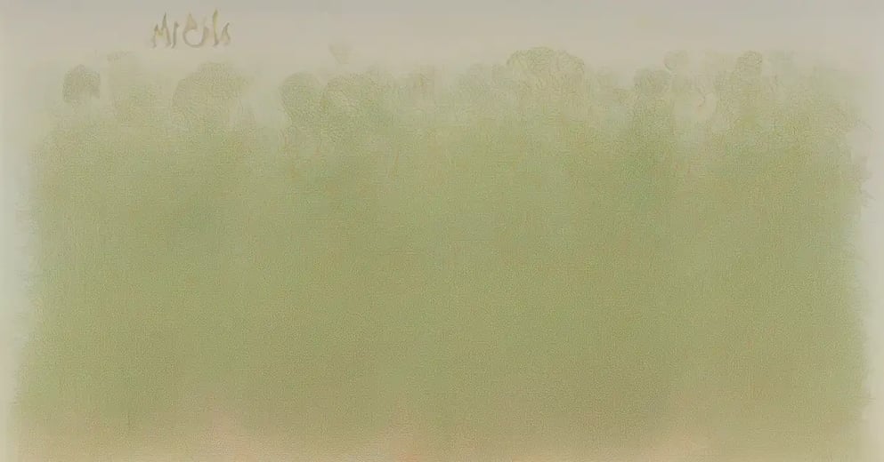 Pencil crayon illustration of a mature hazelnut food forest with multi-stem hazel bushes laden with green husks and ripening nuts
