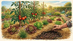 A mature no-till garden bed in mid-summer with thick straw mulch and healthy tomato, lettuce, and chive plants growing through, with earthworms visible at the soil-mulch interface