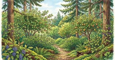 Pencil crayon illustration of a mature Pacific Northwest food forest with hazelnut, Asian pear, salal and Oregon grape