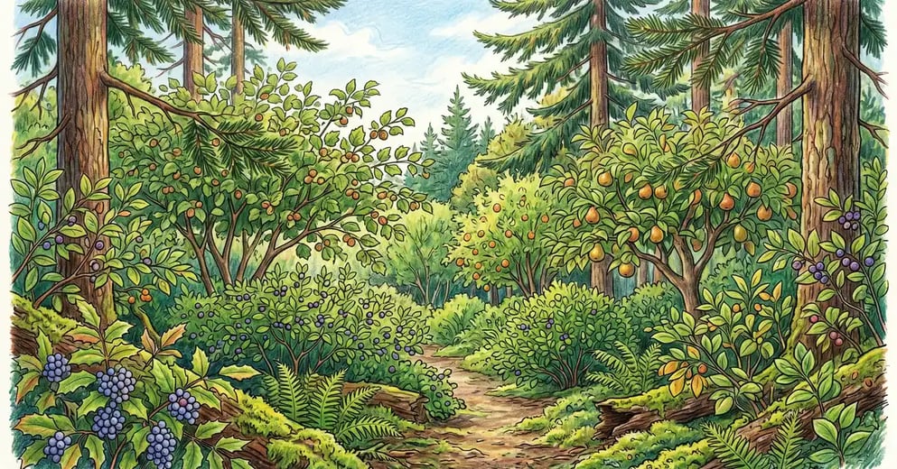 Pencil crayon illustration of a mature Pacific Northwest food forest with hazelnut, Asian pear, salal and Oregon grape