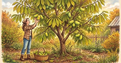 Pencil-crayon illustration of a mature pawpaw tree in a US homestead food forest in autumn with heavy fruit clusters and a homesteader harvesting