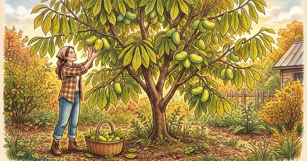 Pencil-crayon illustration of a mature pawpaw tree in a US homestead food forest in autumn with heavy fruit clusters and a homesteader harvesting