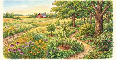 A Midwest food forest transitioning from open tallgrass prairie to a layered fruit and nut food forest with apple, chestnut, hazelnut and a red barn
