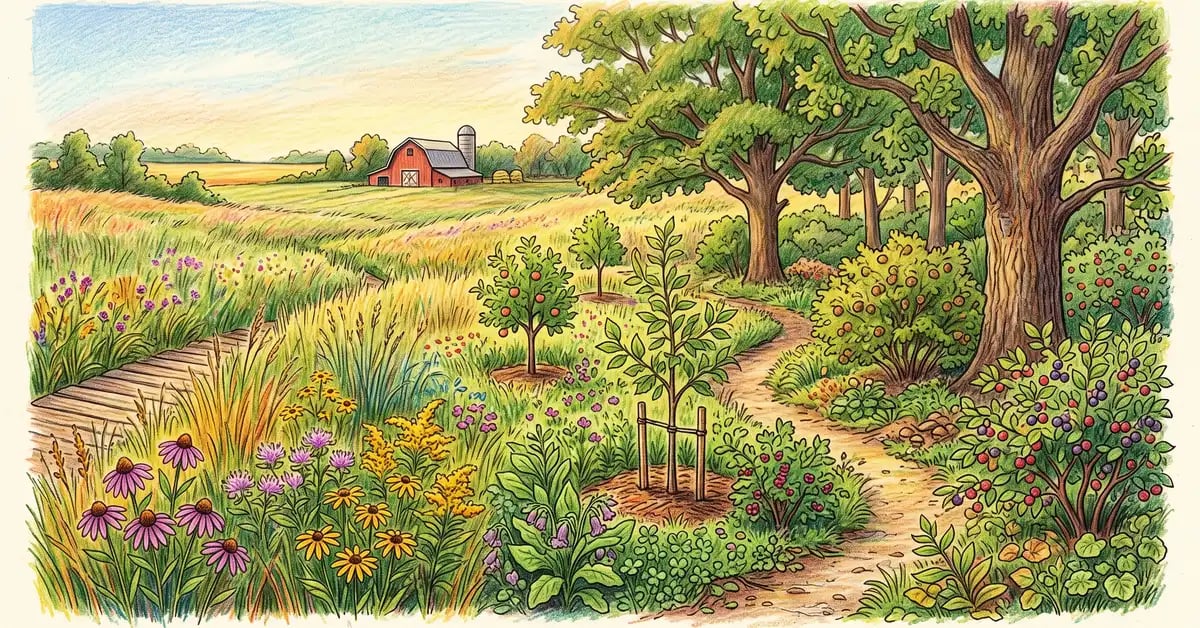 A Midwest food forest transitioning from open tallgrass prairie on the left to a layered fruit and nut forest on the right with apple, chestnut, hazelnut and a red barn