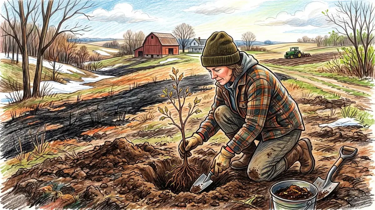 A Midwest gardener planting a young chestnut sapling in a Wisconsin farm in spring with a recent burn line, snow patches, and a distant red shed