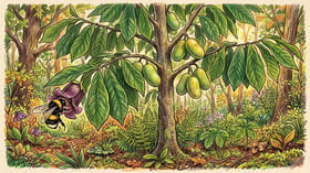 A pawpaw tree (Asimina triloba) with large drooping tropical-looking leaves and ripe pawpaw fruits in a Midwest food forest understory with a bumblebee