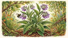 Single mature comfrey plant with purple flowers and fuzzy green leaves in a food forest understory