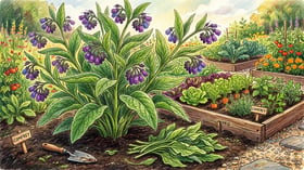 A single mature comfrey plant in full bloom with large fuzzy green leaves and purple bell flowers