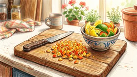 A single orange peel cut into quarter-inch pieces on a wooden cutting board with a kitchen knife and a small bowl of mixed citrus rinds