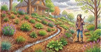 Pencil-crayon illustration of a sloped US backyard garden in spring rain with mulch, swale, and ground cover preventing soil erosion