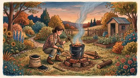 A small backyard biochar production setup with a metal bucket on bricks, smoke rising, person stoking it, and finished biochar pieces nearby