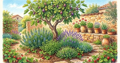 Pencil crayon illustration of a sunny Mediterranean fig tree guild with rosemary, lavender, oregano, thyme, and strawberry underplanting
