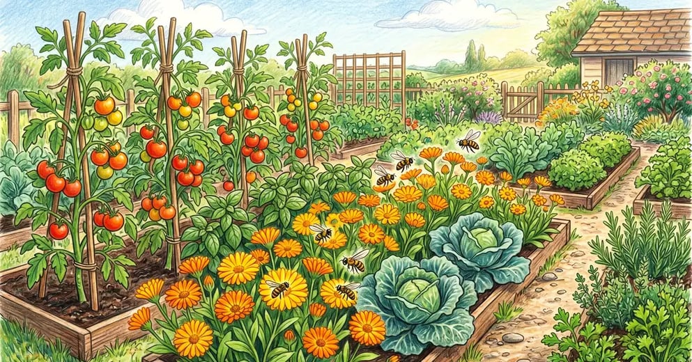 Pencil crayon illustration of a vegetable garden with bright orange calendula flowers interplanted with tomato, basil, cabbage, and pollinators