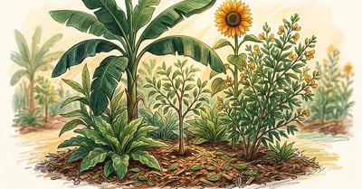 Pencil-crayon illustration of a syntropic agroforestry bed with placenta plants around a young fruit tree.