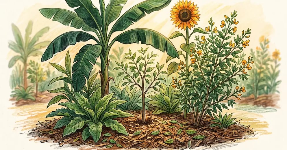 Pencil-crayon illustration of a syntropic agroforestry bed with placenta plants around a young fruit tree.