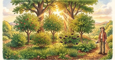 Pencil-crayon illustration of a syntropic food forest at golden hour with four strata layered like a cake and sunlight streaming through gaps in the canopy