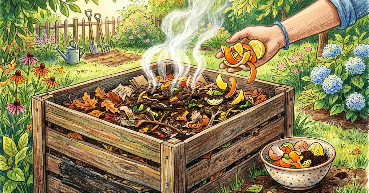 US backyard compost bin in summer with orange peels and lemon rinds being added alongside cardboard, dry leaves, eggshells, and coffee grounds