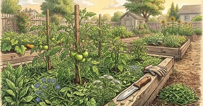 A US backyard garden with chop-and-drop mulch of comfrey, borage, and yarrow spread around tomato and pepper plants