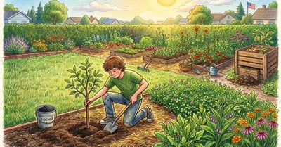 A US backyard garden being transformed into a carbon-farming landscape with fruit trees, biochar, cover crops, and compost bin