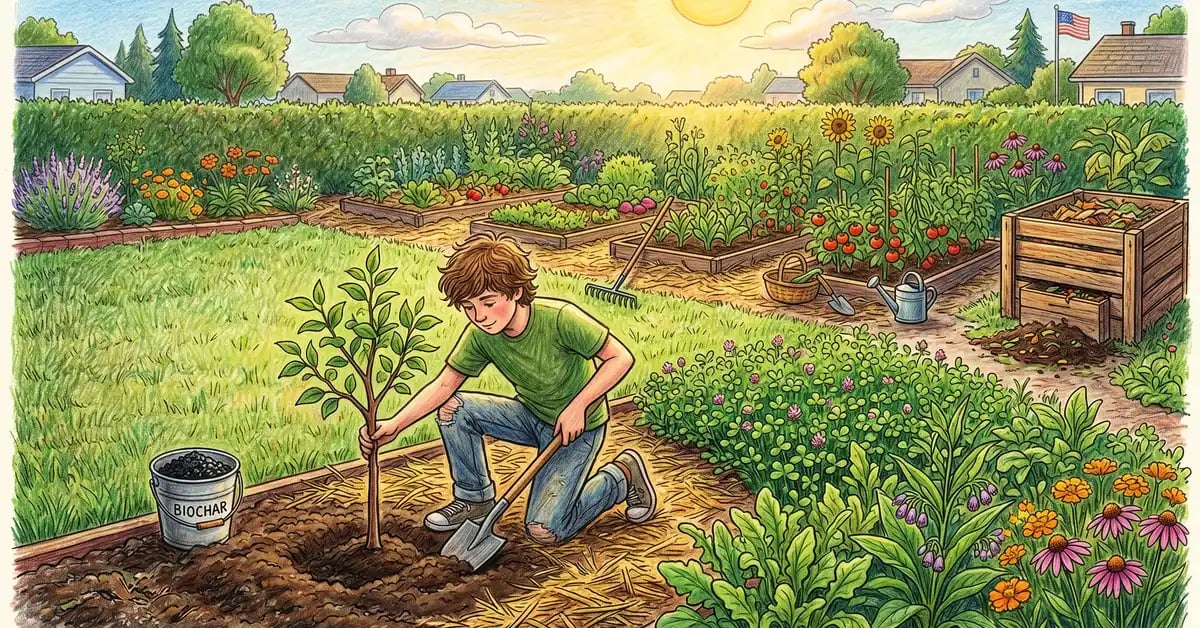 US backyard garden being transformed into a carbon-farming landscape with fruit trees, biochar, cover crops, and compost bin