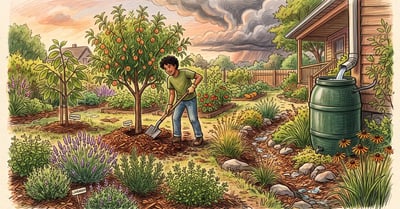 Pencil-crayon illustration of a US backyard garden in climate-adaptive transition with mulch, rain barrel, and storm clouds gathering