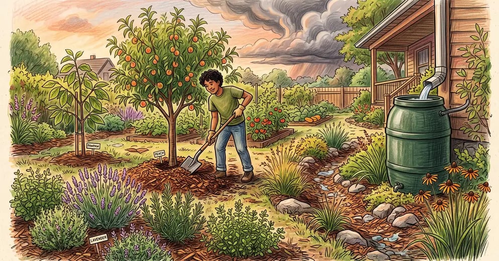 Pencil-crayon illustration of a US backyard garden in climate-adaptive transition with mulch, rain barrel, and storm clouds gathering