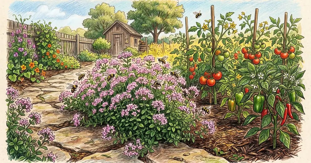 A US homestead herb garden with mature flowering Greek oregano spilling over a stone path with bees visiting blossoms