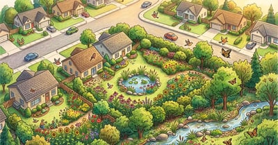 Pencil-crayon overhead view of a US suburban neighborhood with connected backyard wildlife corridors linking hedgerows, pollinator strips, riparian creek, and small pond