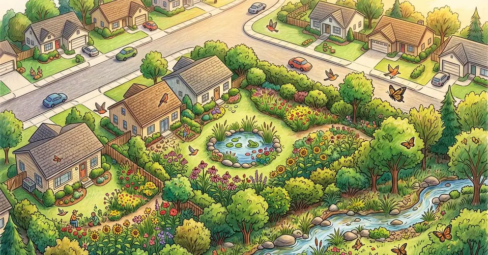 Pencil-crayon overhead view of a US suburban neighborhood with connected backyard wildlife corridors linking hedgerows, pollinator strips, riparian creek, and small pond