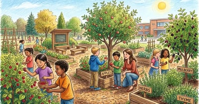 A vibrant US elementary school food forest garden during recess with diverse children harvesting fruit and herbs with a teacher