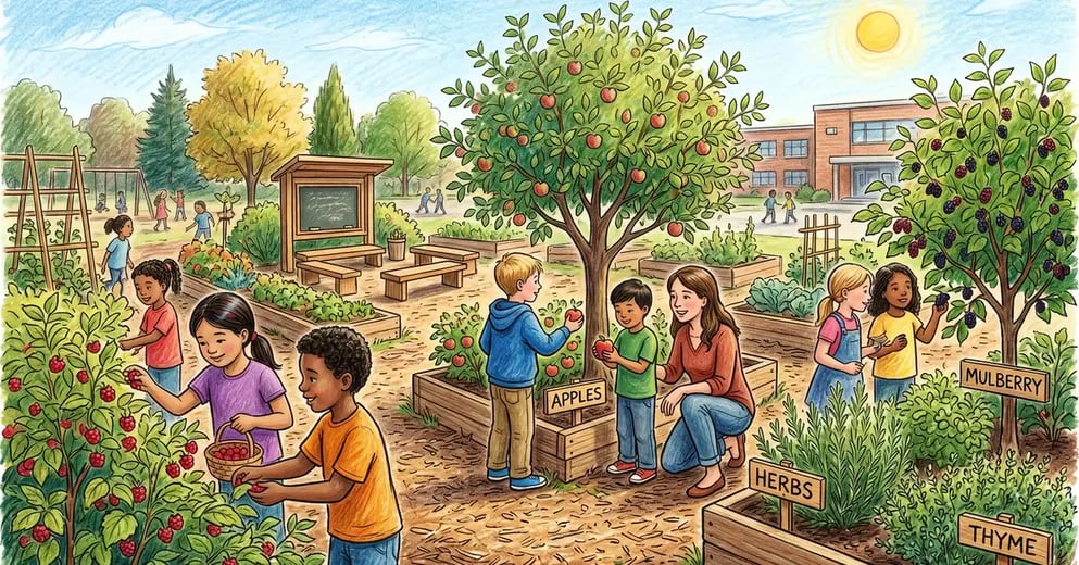 A vibrant US elementary school food forest garden during recess with diverse children harvesting fruit and herbs with a teacher