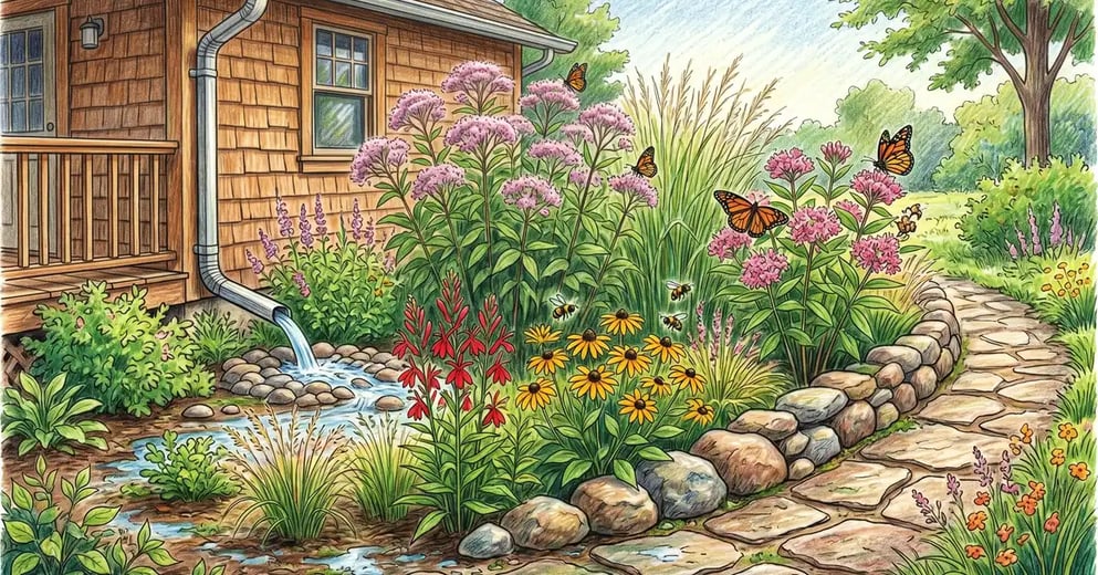 A vibrant US homestead rain garden in summer at the base of a downspout planted with native joe-pye weed cardinal flower and switchgrass
