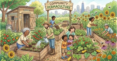 Diverse volunteers working in a vibrant US permaculture community garden with raised beds, sunflowers, and a welcome sign