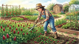 A weekend gardener using hedge shears to cut crimson clover cover crop just before flowering