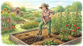 A weekend gardener using a broadfork to aerate a no-till garden bed without inverting the soil