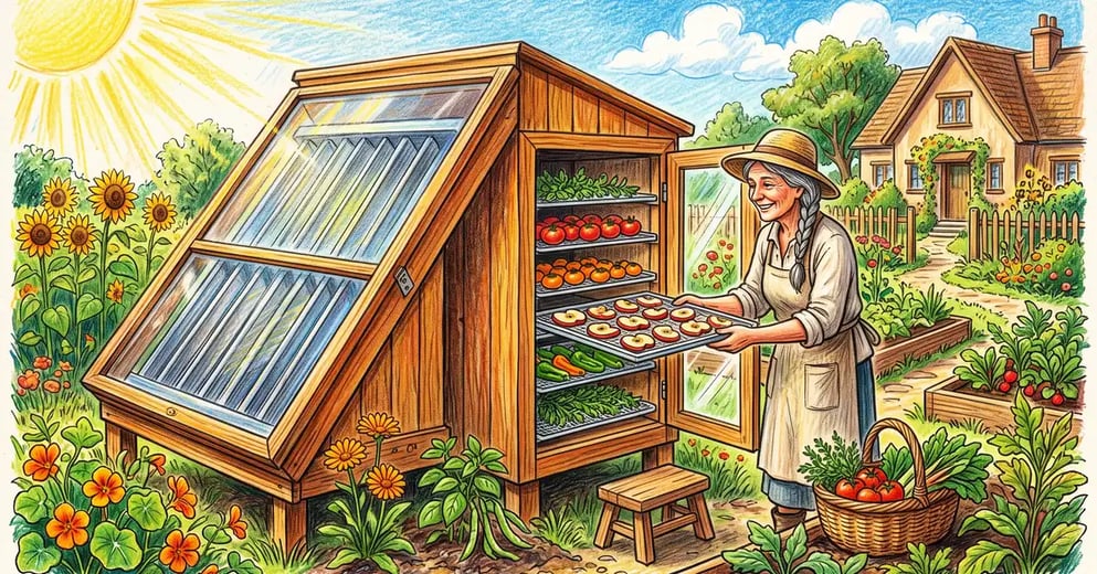 Wooden indirect solar dehydrator in a sunny backyard with trays of apples, tomatoes, peppers, and herbs visible inside