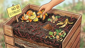Cross-section of a worm bin showing red wigglers in vermicompost with citrus peels being moderated, alongside safe foods like coffee grounds and banana peels