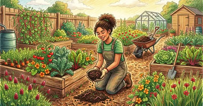 Young Gen Z gardener kneeling in a regenerative backyard garden holding dark crumbly soil teeming with earthworms
