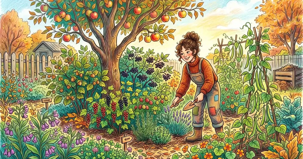 Young Gen Z gardener standing in a layered permaculture food forest guild with apple tree, hazelnut, elderberry, currants, herbs, comfrey, clover, and climbing beans