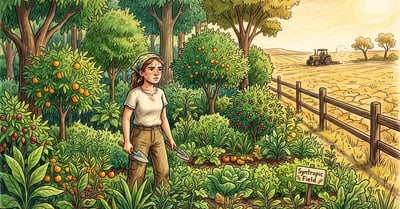 Pencil-crayon illustration of a young Gen Z homesteader standing in a thriving syntropic food forest during a heatwave while surrounding farmland is dry