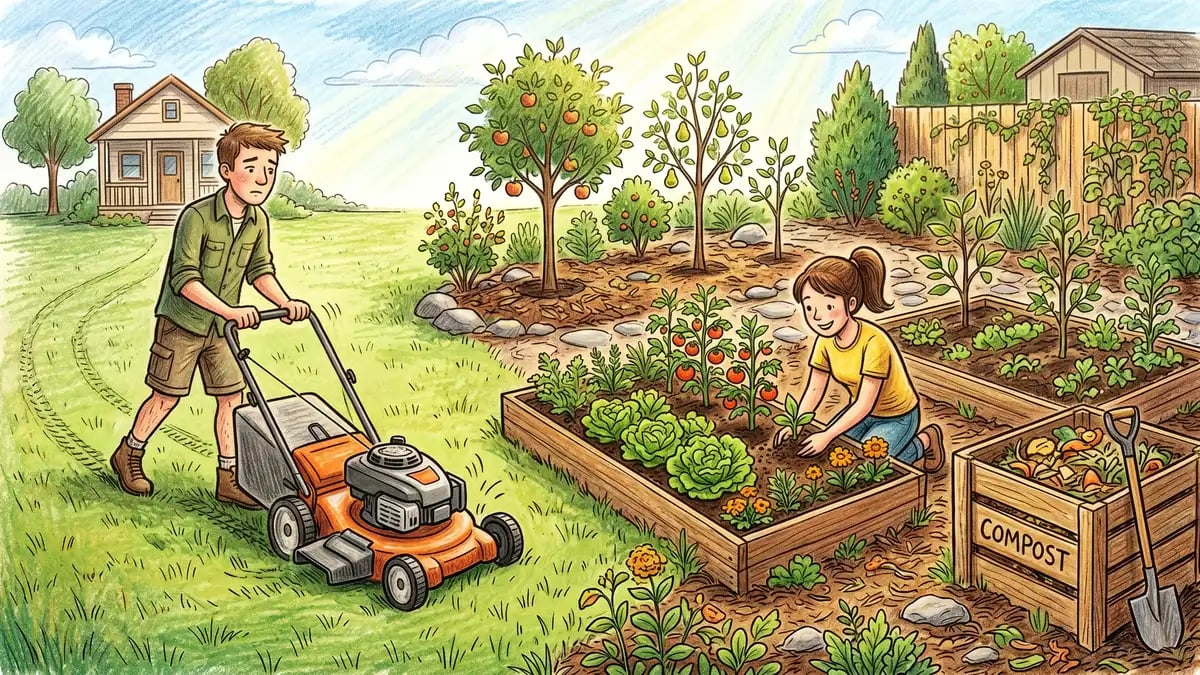 A young homeowner couple converting their suburban lawn from gas-mowed grass on the left to food forest and vegetable beds on the right