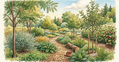 A young US food forest in summer at year 3 of succession with pioneers, raspberries, and young fruit trees