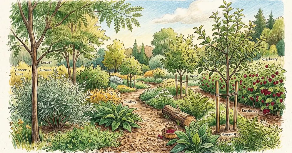 A young US food forest in summer at year 3 of succession with pioneers, raspberries, and young fruit trees