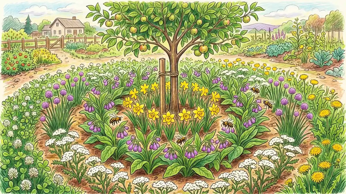 Illustration of an apple tree guild with concentric planting rings showing daffodils, comfrey, yarrow, and clover