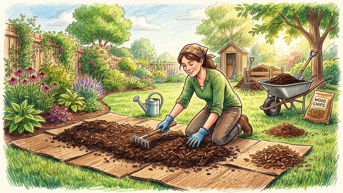 A gardener laying down brown cardboard over backyard grass and topping it with a fresh layer of compost and wood chips for no-till sheet mulching