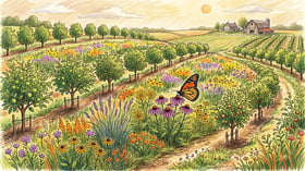 Prairie strips between rows of fruit trees on a Midwest farm with big bluestem, purple coneflower, compass plant and a monarch butterfly